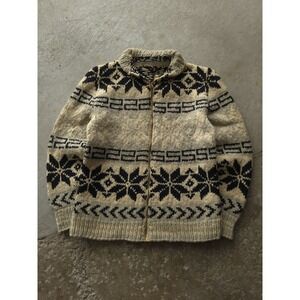 Vintage 1950s Wool Cowichan Curling Sweater Cardigan Snowflake Grey Black M